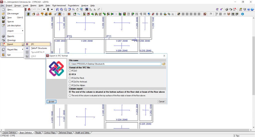 Exporting the structural BIM model in IFC format.